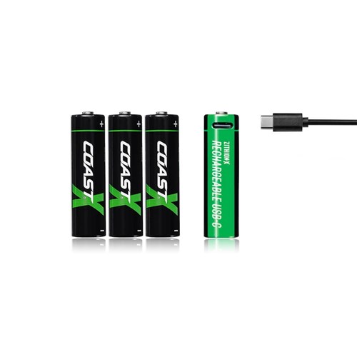 Coast AA Rechargeable Zithion-X Batteries via USB-C | Quick Charging | Alkaline Device Safe | 4 Pk