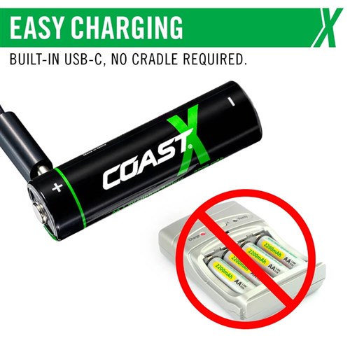 Coast AA Rechargeable Zithion-X Batteries via USB-C | Quick Charging | Alkaline Device Safe | 4 Pk